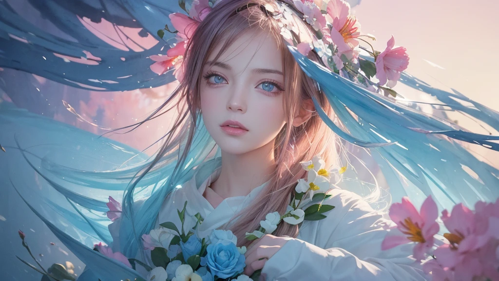 32k, Masterpiece, Highest quality, One girl, Detailed eyes, flower,Alstroemeria, Pink and light blue style,A dreamy, romantic piece,Pale yellow, Mysterious Leaves,A playful arrangement,Fantasy,High Contrast,Ink strokes,explosion,Exposure, Impression of pink and light blue tones,Abstract,((Watercolours by John Berkey and Jeremy Mann )) Brush strokes,Negative Space, Tyndall effect,