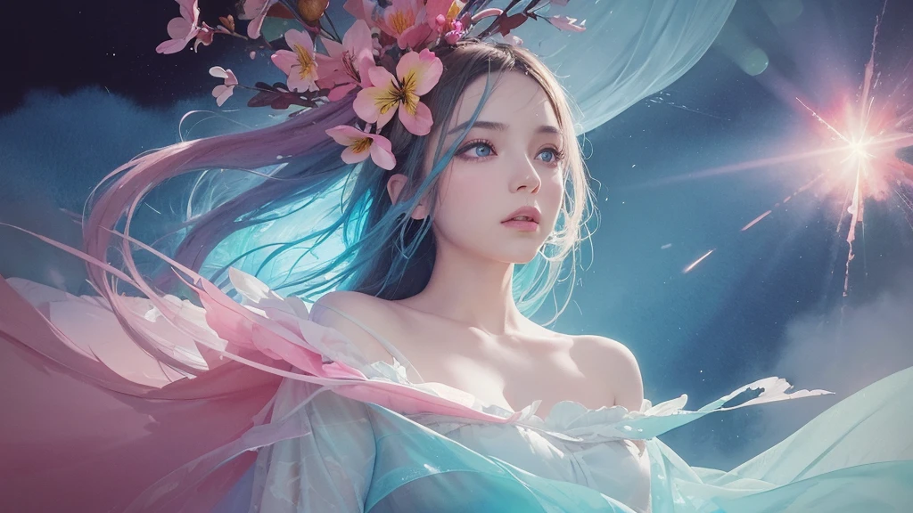 32k, Masterpiece, Highest quality, One girl, Detailed eyes, flower,Alstroemeria, Pink and light blue style,A dreamy, romantic piece,Pale yellow, Mysterious Leaves,A playful arrangement,Fantasy,High Contrast,Ink strokes,explosion,Exposure, Impression of pink and light blue tones,Abstract,((Watercolours by John Berkey and Jeremy Mann )) Brush strokes,Negative Space, Tyndall effect,