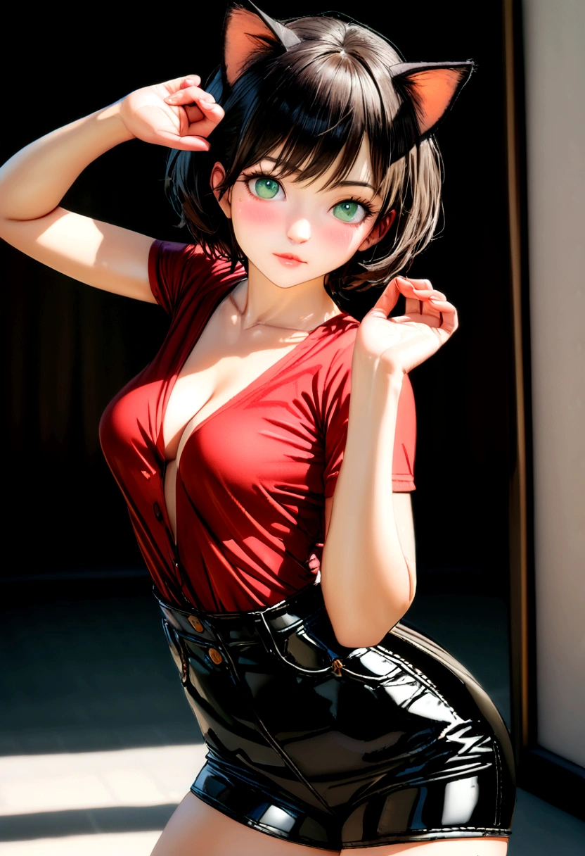 woman, 26 years old, kitten pose, cat ears, short hair, perfect hands, perfect fingers, perfect body, sensual cleavage, medium breasts, red shirt, wearing tight black shorts, sexy shorts, vinyl shorts, Ultra HD, image 4k, best image quality, (fidelity: 1.4), photoreal, light green eyes, eyelashes, beautiful pupil, shadows, slight blush, delicate facial features, reasonable facial features, exposed waist, natural poses