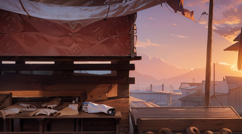 market stall, (market tents), wooden box, wooden table, sand ground, dawn time, dark morning, AnatomicTech, 