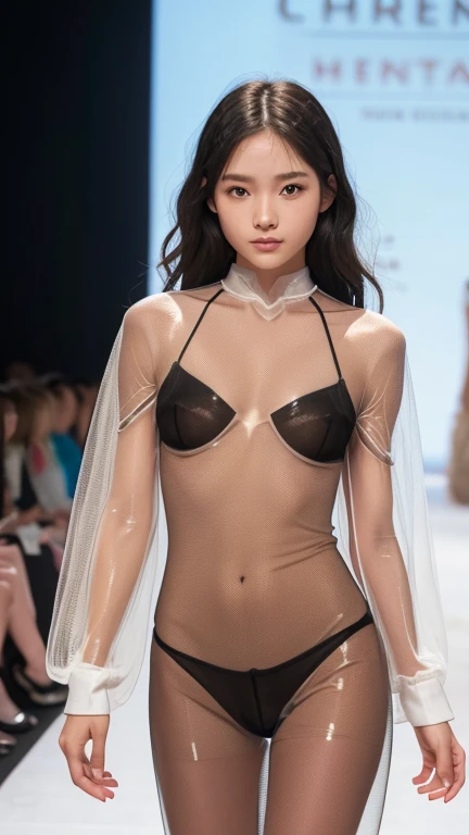 Girl walking down the runway at a fashion show, thigh, (See-through:1.9), No underwear, pubic, (High resolution:1.3), (16K, Realistic, RAW Photos, Best image quality: 1.4), Japanese, (One Girl), Beautiful Face, (A vivid face), Beautiful hairstyle, Realistic eyes, Beautiful and detailed, (Realistic Skin), Beautiful skins, charm, 超High resolution, Surreal, High detail, Golden Ratio, Highly detailed cute girl,(20-year-old), Audience