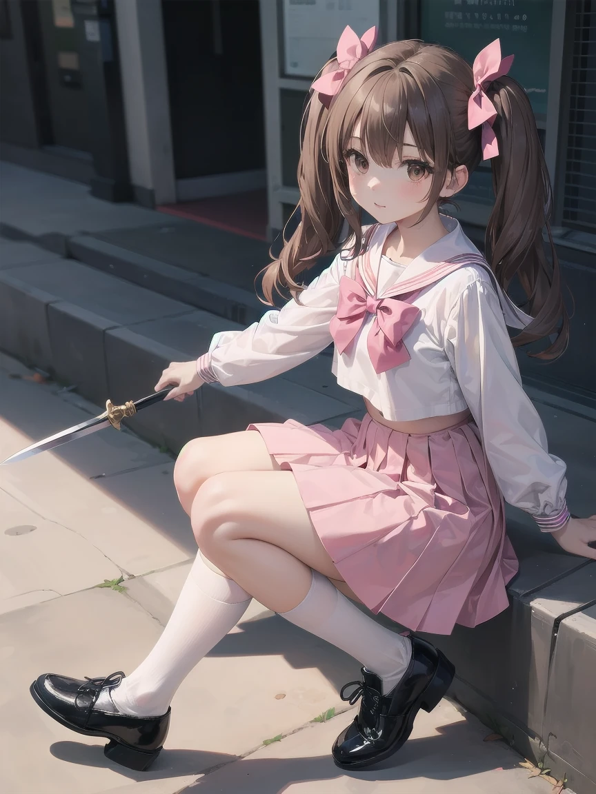 One girl, alone, View your viewers, skirt, Brown Hair, shirt, Long sleeve, bow, Twin tails, Brown eyes, , whole body, shoes, shoes下, Sailor collar, Black footwear, Twin Blade, Cosplay, blue bow, white shoes下, pink skirt, Photo Background, pink Sailor collar