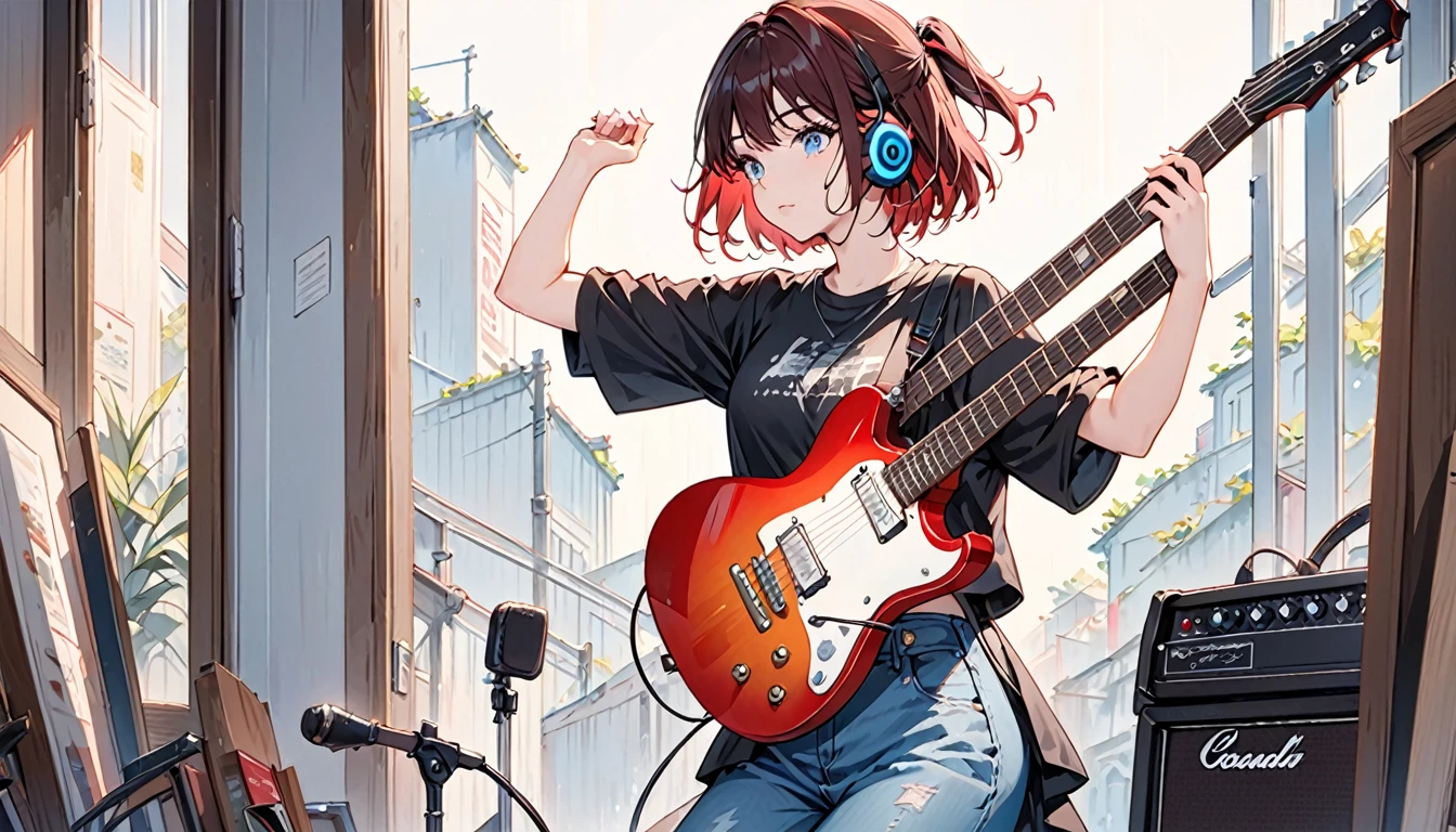 ((Masterpiece, Best Quality)) 1 girl in, Alone, black skirt, blue eyes, electric guitar, guitar, headphones, holding up, Holding a barb, instrument, short hair, music, from one side up,red reflection dark hair, tocando la guitar, jeans , black shirt, inside