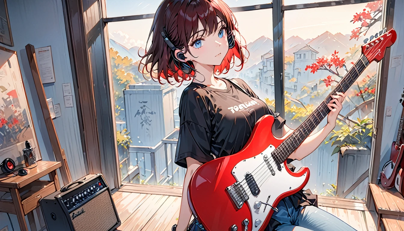 ((Masterpiece, Best Quality)) 1 girl in, Alone, black skirt, blue eyes, electric guitar, guitar, headphones, holding up, Holding a barb, instrument, short hair, music, from one side up,red reflection dark hair, tocando la guitar, jeans , black shirt, inside