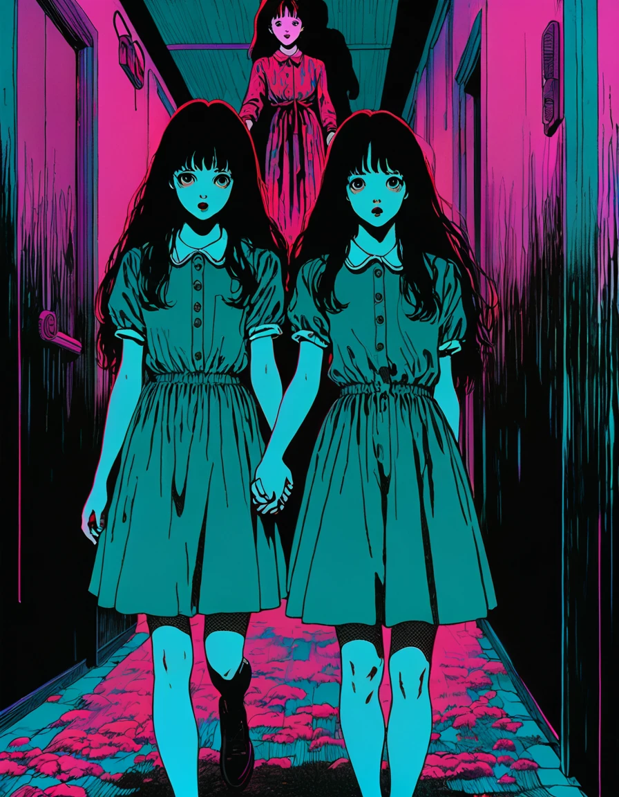 illust、art、from 80s horror movie, directed by Junji Ito、Two twin sisters、Holding hands、nightmare、anxiety、high detail, realsitic shadow、Analog style, vhs style, 8mm film, chromatic aberration, Dvd screengrab、Surrealism、looking at the camera