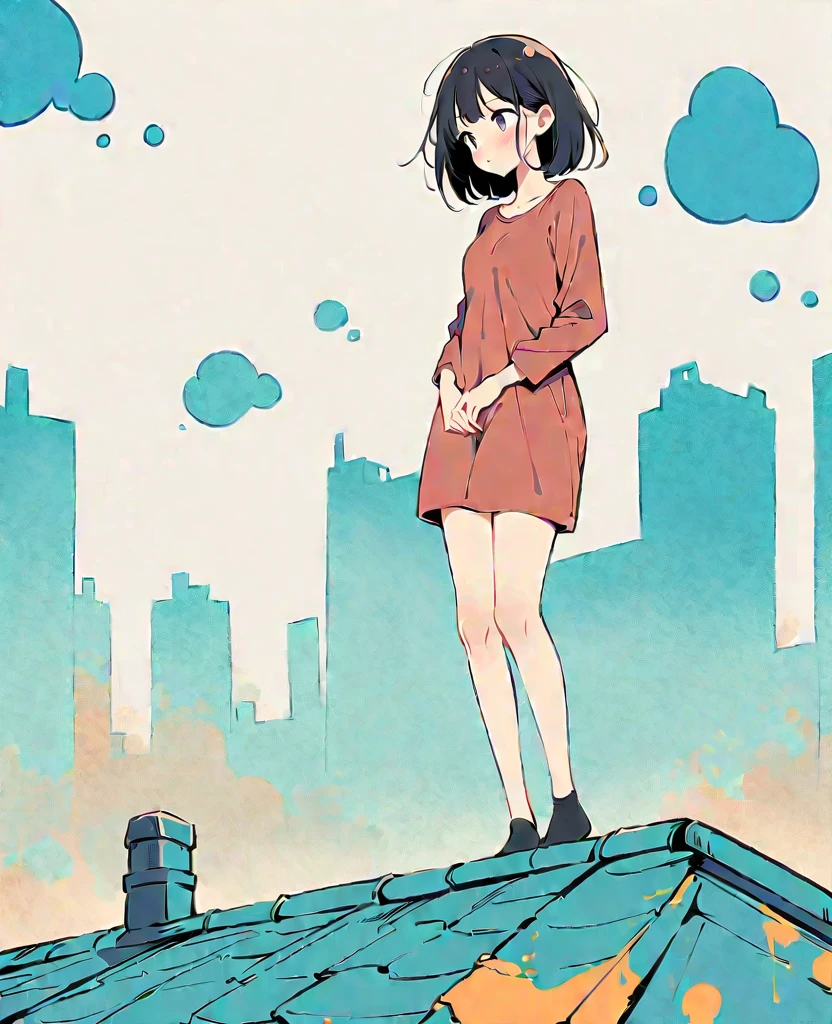 (Person Standing on the Rooftop:1.3)，Girl on the rooftop，Simple lineinimalism，Abstract Art，City background, urge to pee, covering crotch with two hands, knees together, feet apart (girl is peeing self:0.395), long sleeves