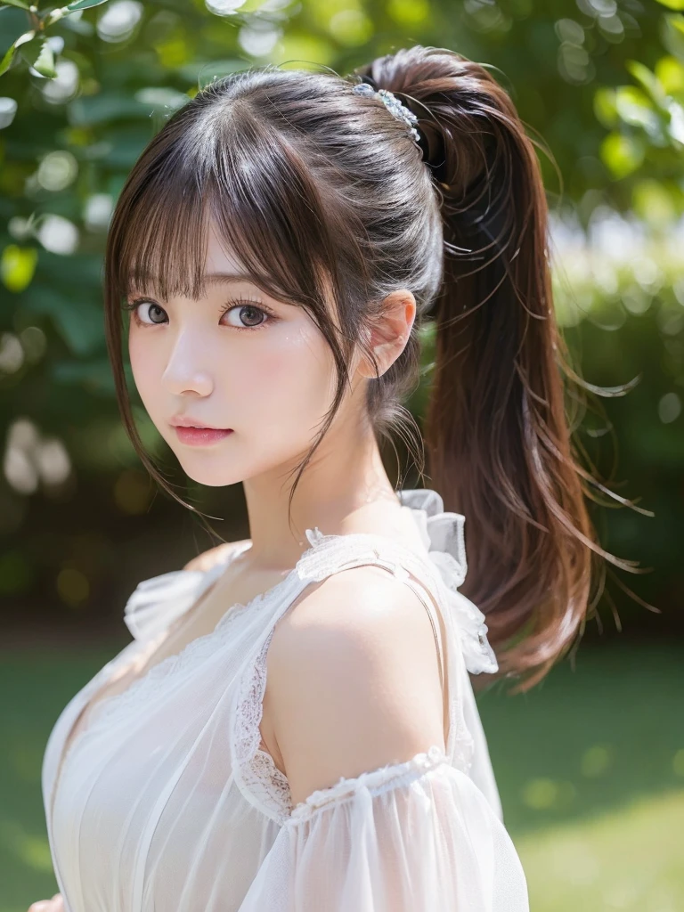 ((cute日本の女の子、Beautiful Japanese Girl、One girl、19 years old、ponytail、Highly detailed face and skin texture、Ultra detailed face、Ultra-detailed eyes、鬠红、blush、front、 cute、Highly detailed face and skin texture、Smooth white skin、Translucent skin texture、))、(Dark Brown Hair)、looking at the camera、Sharp Focus:1.2、Beautiful woman with perfect style:1.4、Japanese Model、((Highest quality、8K、masterpiece:1.5、1Photos))、(4K、RAW Photos、Highest quality)、Place people across the entire screen、Natural light、professional lighting、(Realistic、フォトRealistic:1.5)、 Young Gravure Idol、cuteグラビアアイドル、Real Gravure Idol、A sophisticated gravure idol、