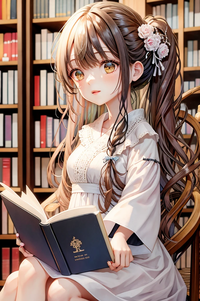 A girl reading a book in the middle of a large library、Long Hair-、White ruffle dress、Flower Hair Ornaments
