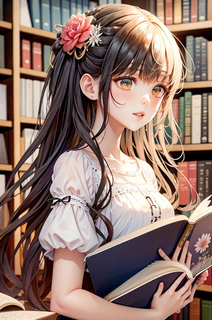 A girl reading a book in the middle of a large library、Long Hair－、White ruffle dress、Flower Hair Ornaments