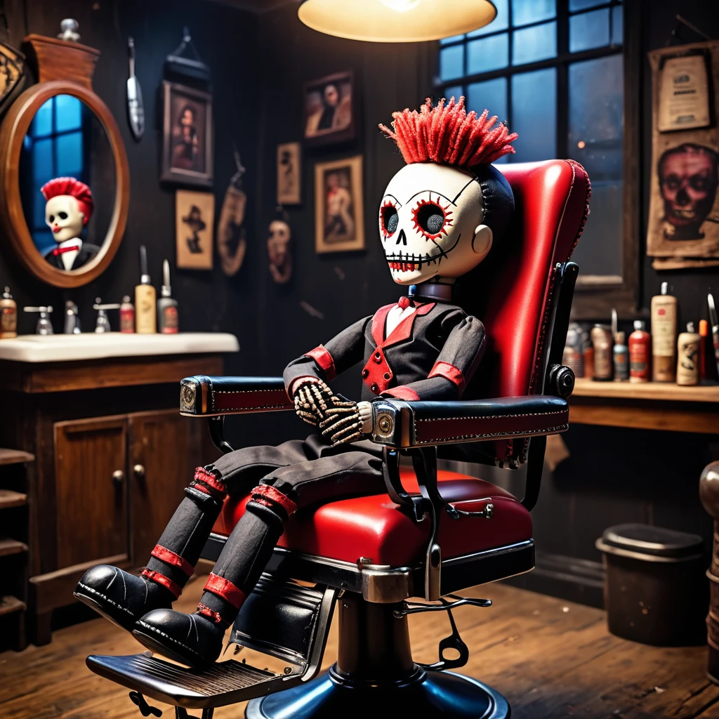 (knitted toy voodoo doll:1.8), (Voodoo Twilight Barber:1.3), (clothes Black apron decorated with razors and scissors:1.0), (Razor with a black handle, antique barber chair:1.1) (in the background Dark barber shop with mirrors covered with dust and cracks:1.3), best quality, masterpiece, detailed soft oil painting, detailed background, dramatic cinematic lighting, soft edge lighting, professional, dramatic lighting, hard edge lighting, ultra quality, 4k, masterpiece, best quality, 8k, ultra high definition, high resolution, extremely detailed