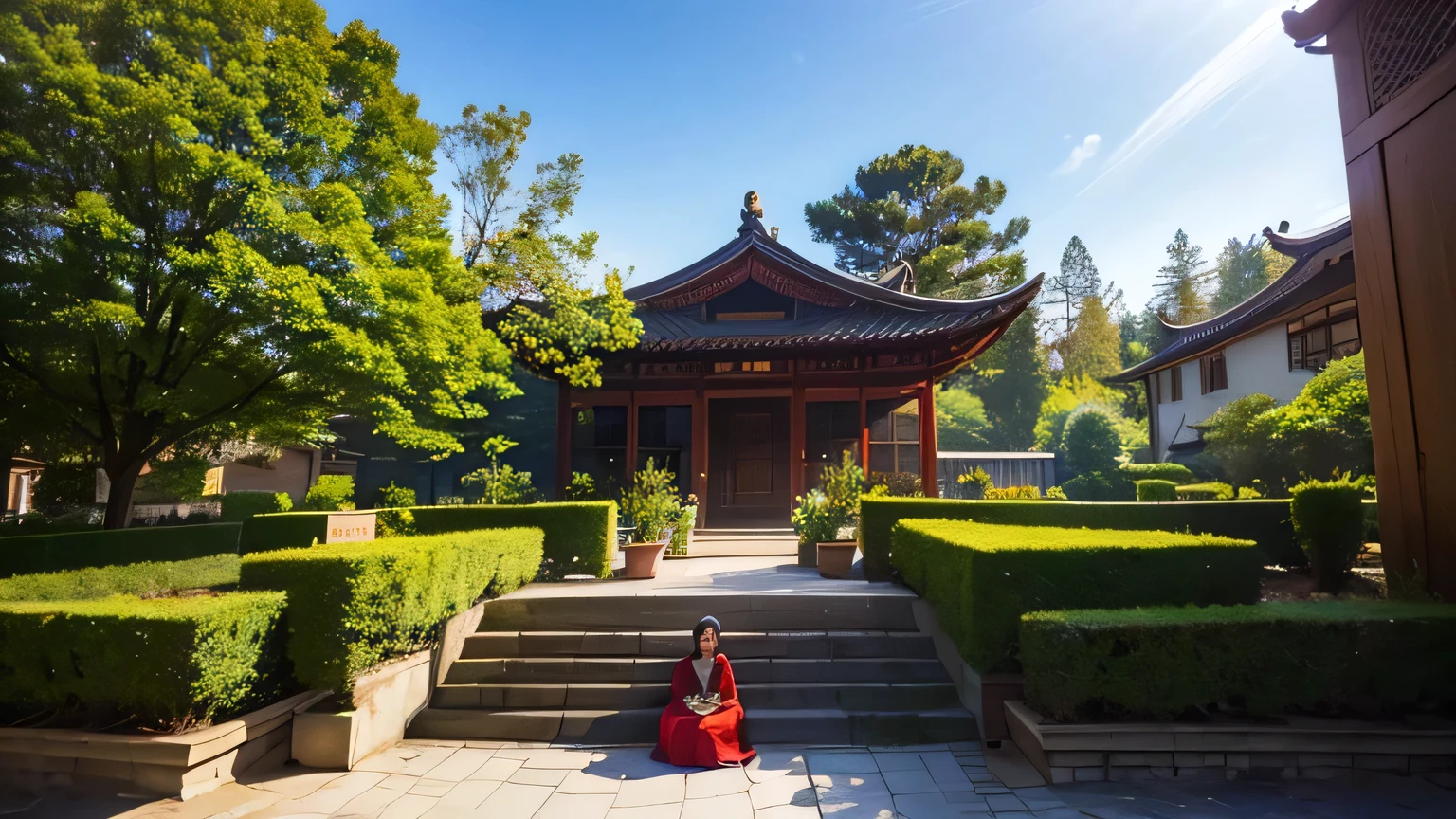 Low angle shot,courtyard,early morning,Sunlight through the leaves,Warm light,Chenxiang and his mother,Smile,Warmth,16:Landscape screen of 9