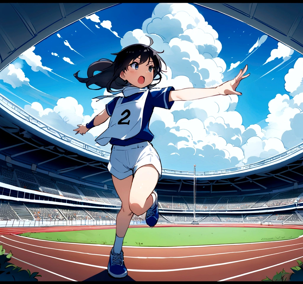 A black-haired woman in her twenties is running on a stadium track,Tension,The following runner,Midsummer Day,There are cumulonimbus clouds,陸上競技の世界におけるハイレベルな競技のTensionと興奮を放つシーン,Wearing a competition uniform and bib number,Capture a decisive moment from in front of the goal,White funiform and navy blue shorts,A large audience also watches,