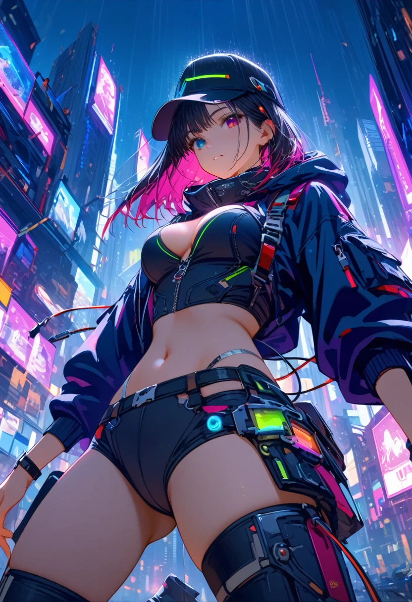 {{masterpiece,Best Work}}, Highest quality, Ultra High Definition CG Unity,8k wallpaper, Lens flare, (Beautiful eyes in every detail),particle,Escape,Very Short Hair,Cool face,((Colorful Machine Wool)),rainbow eyes,Heterochromia iridis,not a big deal,黑紫色body,Inorganic black hat,(Perfect body),cyber punk,Inorganic decoration,body,cable,Low - Angle,Whole bodyEsbian,Sexy,High heel boots,City of night,rain,Downward-facing eyes,Perfect hands.