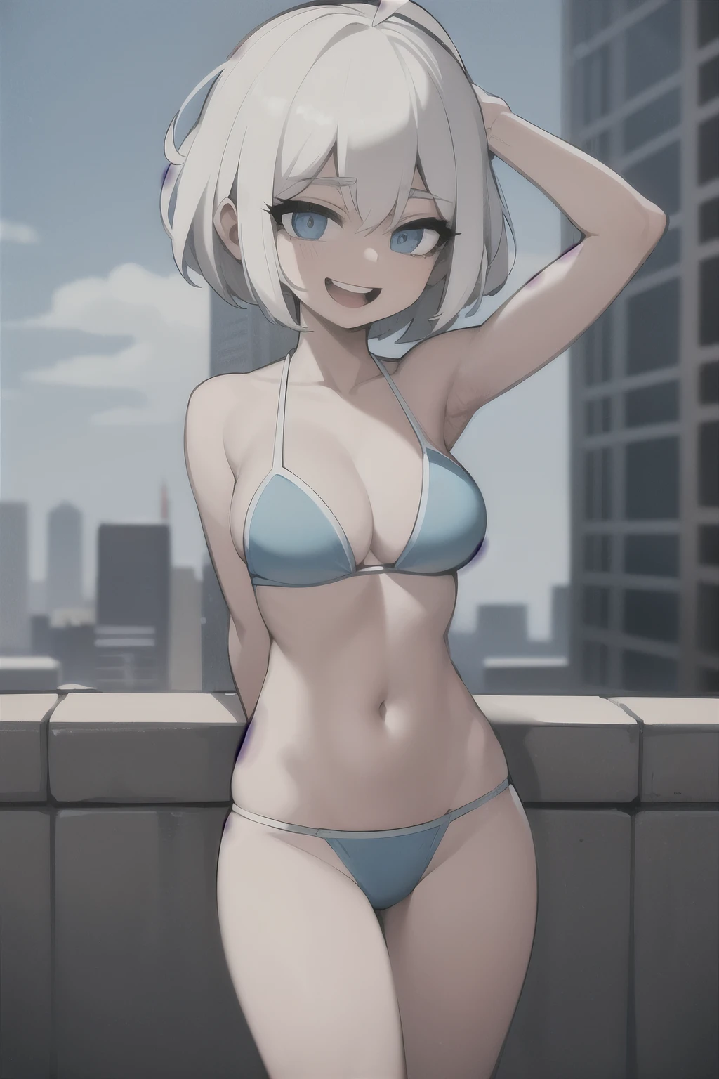 ((masterpiece, best quality)), (1girl), (solo), (female focus), (ahoge, white hair, short hair), blue eyes, light smile, open mouth, (small bikini),  standing, city background, arms behind back, dynamic angle, big 