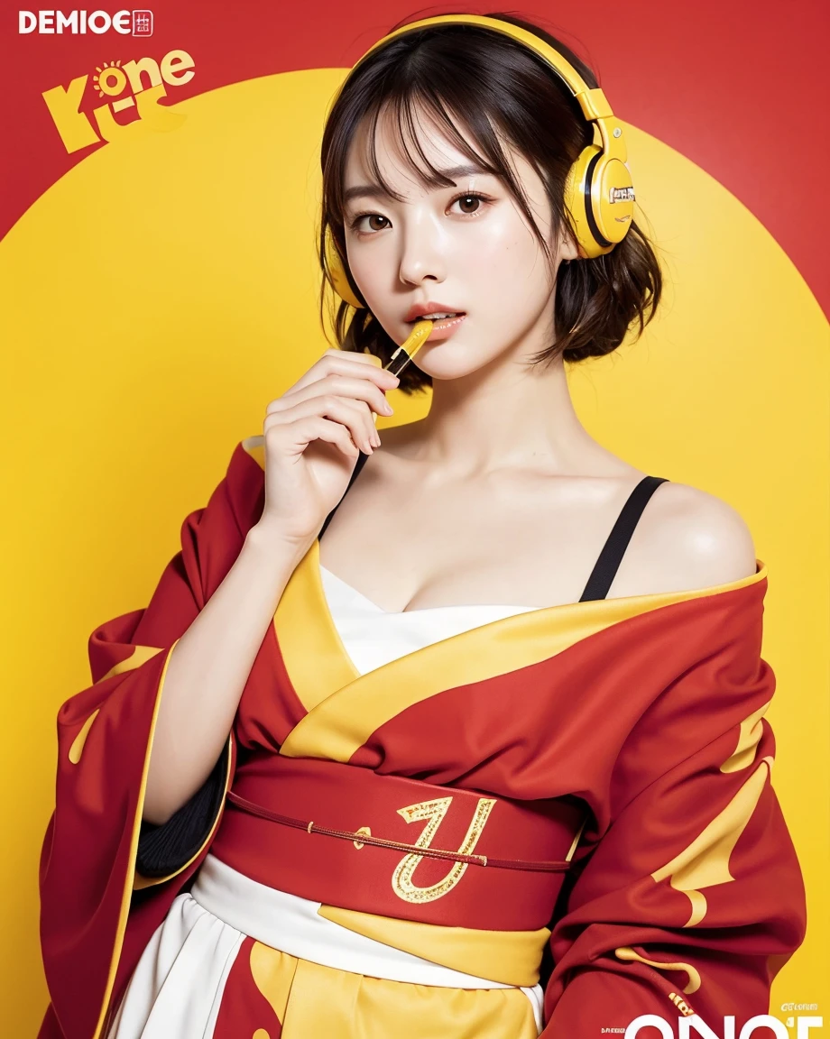 Realistic, 8K, masterpiece, RAW Photos, Highest quality, Realistic, 非常に詳細な CG Unity 8K 壁紙, Written boundary depth, Cinematic Light, Lens flare, Ray Tracing, Perfect lighting,short hair, (Delicate skin), (Delicate face), (Pop Background :1.1), person standing and watching、Comical movement,1 female, (Red kimono:1.31 Only shoulders and scapula exposed), (Buckshot, Calm pose),Headphones,(Yellow background),Modern Style,Artistic,moving composition,Unique Pattern,Bold Texture,colorful,Imaginative,Whimsical,Vibrant,like々Shii,Playful,Lively,creative,Expressive,stylish,tendency,One Girl,Eating pizza、Coca-Cola Poster、Lemon on the background