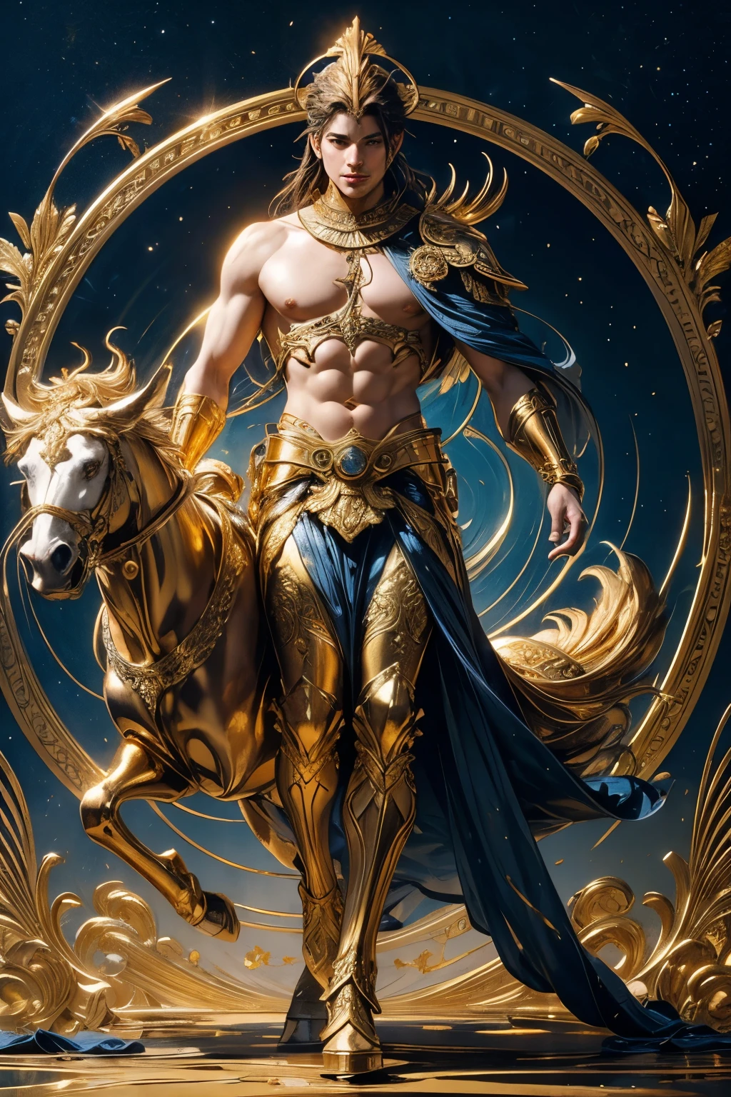 Art nouveau male Apollo god standing in gold chariot, gold leaf accents, deep blue background, rule of thirds, classic composition, flowing lines, radiant glow, intricate details, dynamic movement, ethereal atmosphere, highly detailed, trending on deviantart, prompt by JDS