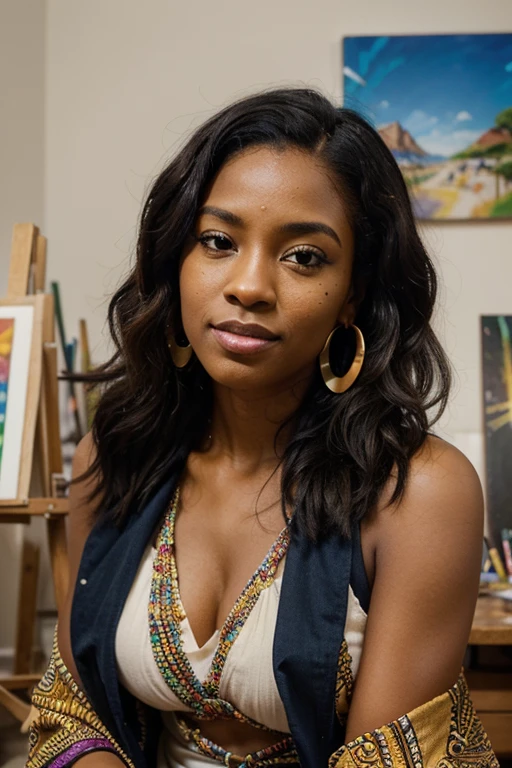Generate an image of a 32-year-old African woman, artist. She has black skin, average height (1.67m), curvy body and curly, voluminous hair, usually loose, with brown eyes. Her personality is friendly, optimistic and creative, being the group's source of motivation. She wears typical African clothes, very colorful. She wears accessories like a colorful silk scarf, handmade bracelets and feather earrings, and carries a portable painting kit. Her motivations include seeking meaning and beauty in the world, seeing her mission as an opportunity to use her art to illuminate hidden secrets. Iris is essentially the creative and emotional force of the group, bringing a positive and unifying perspective. In her personal life, she is single, focused on her artistic career, with a circle of creative friends, and lives alone in a loft that serves as her studio. The image should portray you in your work environment, perhaps painting at an easel or sculpting a piece of art, reflecting your creativity and inspirational energy.