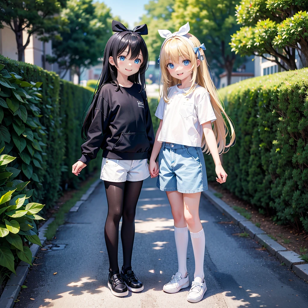 10 years old、blonde, Long Hair, blue eyes, Black hair ribbon, Two Bows, Light blue shirt, white shorts, Black leggings, Happy, Hilarious, Day, outside, White shoes, flat, short, Are standing