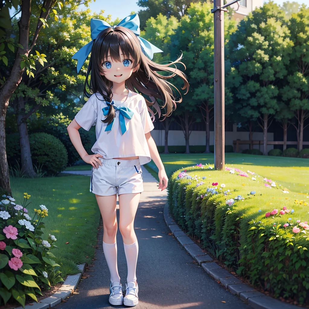 、blonde, Long Hair, blue eyes, Black hair ribbon, Two Bows, Light blue shirt, white shorts, Black leggings, Happy, Hilarious, Day, outside, White shoes, flat, short, Are standing