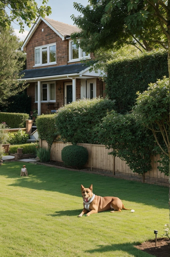 Dog on the plot next to the house