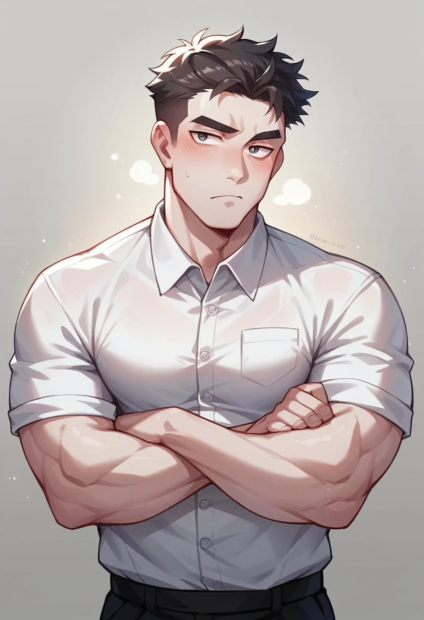male, 24 years old, weight 60 kg, thin, handsome face, white skin, wearing a black formal shirt, a president, his hands folded, his gaze serious