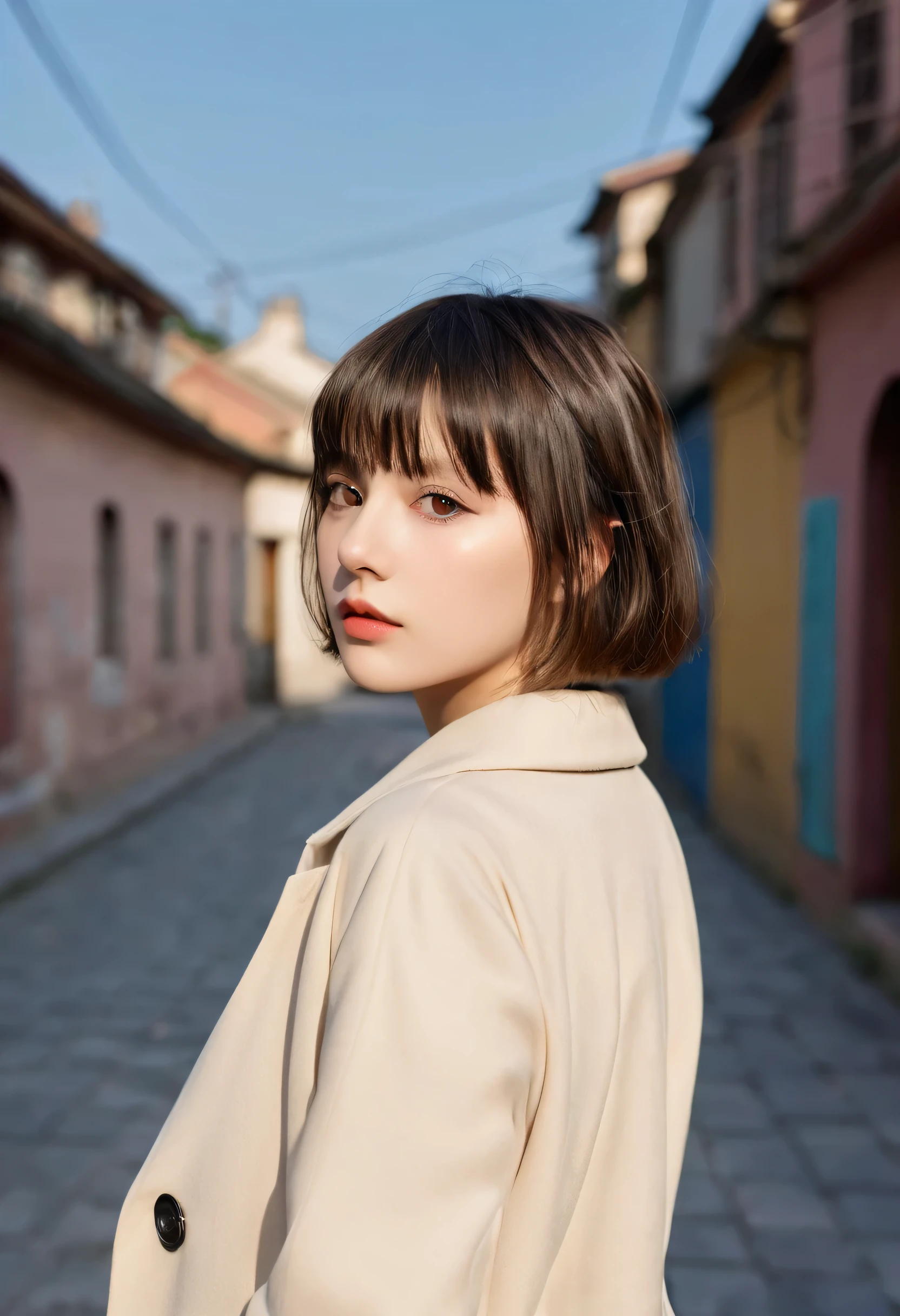 t-shirt, coat, , (Reality:1.4), (best quality:1.0), (Ultra-high resolution:1.0), 8K, RAW photos, (masterpiece:0.2), , both sides, 1 Girl, Delicate skin, Looking at the audience, Brown eyes, (Short hair with bangs:1.2), (Large Breasts:1.0), (Large areola:0.8), , (Pure face_v1:0.5)