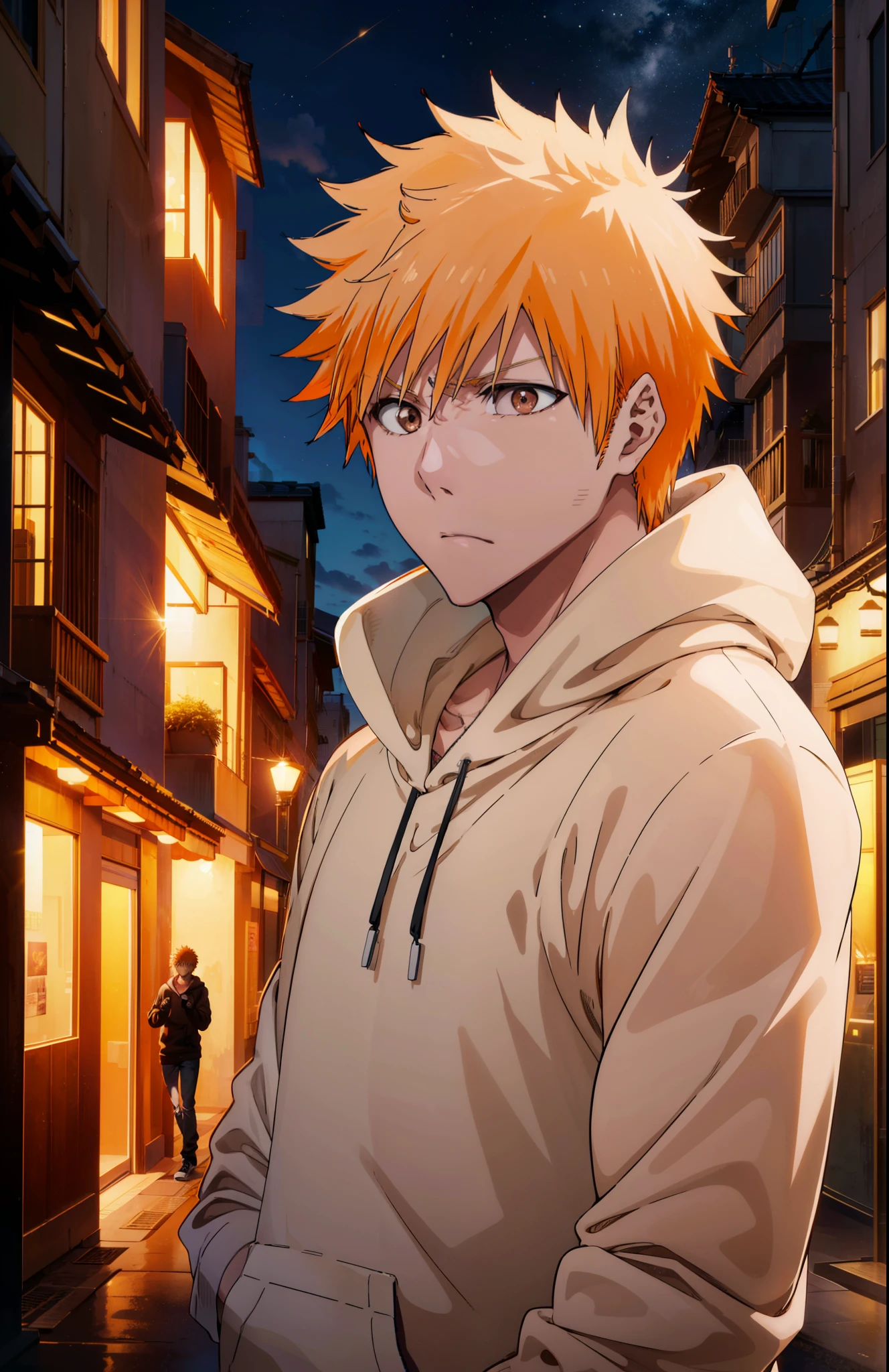 Ichigokurosaki, Ichigo Kurosaki, short hair, Orange Hair, Spiked Hair, (Brown eyes:1.5),
Oversized black hoodie,jeans,White sneakers,Walking,whole bodyがイラストに入るように,Daytime,Cold Sky, He has his hands in his hoodie pockets.,
break looking at viewer, whole body,
break outdoors, Building district,
break (masterpiece:1.2), Highest quality, High resolution, unity 8k wallpaper, (figure:0.8), (Beautiful attention to detail:1.6), Highly detailed face, Perfect lighting, Highly detailed CG, (Perfect hands, Perfect ),