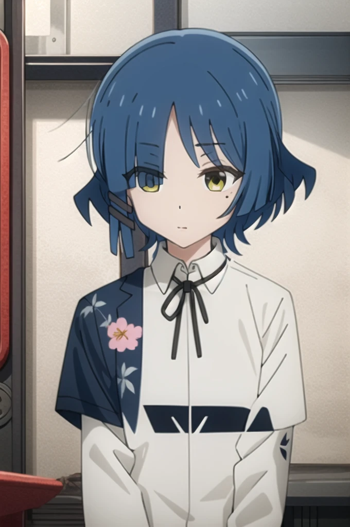 expensive body, expensive, Long legs, mature female, mature, Adult, It is_mouth_Ryu, One girl, alone, Mole, Blue Hair, Mole under eye, short hair, shirt, white shirt, mini skirt,barefoot,View your viewers, black ribbon, bangs, Yellow Eyes, collared shirt, ribbon, mouthを閉じた, neck ribbon, Portraiture, Expressionless, Parody, Eyes visible through hair, hair ornaments, , Hair Clip,