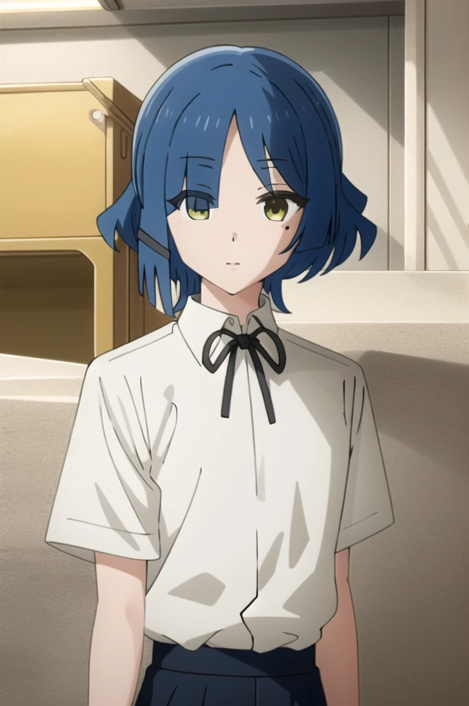 expensive body, expensive, Long legs, mature female, mature, Adult, It is_mouth_Ryu, One girl, alone, Mole, Blue Hair, Mole under eye, short hair, shirt, white shirt, mini skirt,barefoot,View your viewers, black ribbon, bangs, Yellow Eyes, collared shirt, ribbon, mouthを閉じた, neck ribbon, Portraiture, Expressionless, Parody, Eyes visible through hair, hair ornaments, , Hair Clip, 