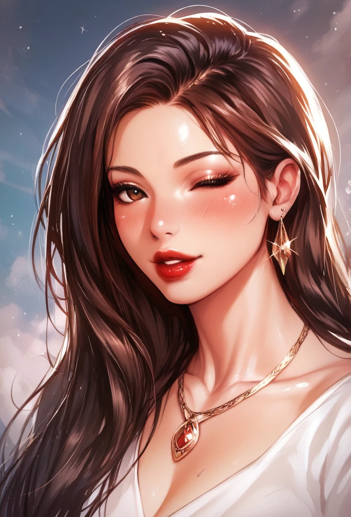 
Hot sexy beautiful women  , detailed lips , detailed brown eyes, big traditional heavy long  cluster earrings , alluring face, necklace , detailed red lipstick  , brown messy hair, blinking on eye, blush 