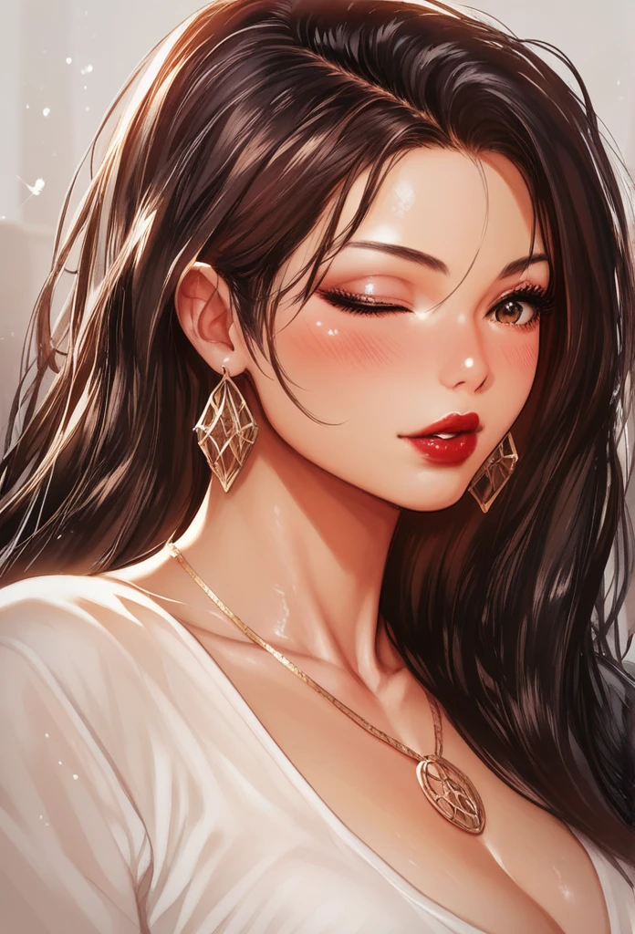 
Hot sexy beautiful women  , detailed lips , detailed brown eyes, big traditional heavy long  cluster earrings , alluring face, necklace , detailed red lipstick  , brown messy hair, blinking on eye, blush 