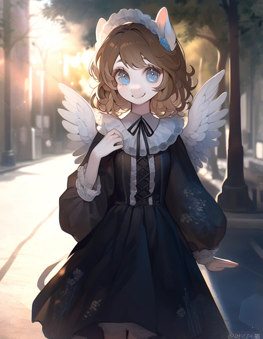1 girl, CuteStyle, angel wings, furry, pony furry, blue eyes, white fur, brown mane, long mane, Dressed in a black dress, looks at the viewer, smile, on the street, trees, rays of the sun, detailed, beautiful, delicate tones