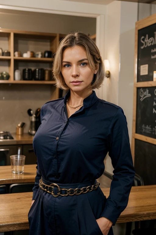 Generate an image of a 50-year-old woman, ex-military and now owner of a small cafe.  She has fair skin, tall height (1.75m), robust body and short white hair, with blue eyes.  Her personality is strong, independent and loyal, being a maternal and protective figure of the group.  She wears a dark blue uniform.  She accessorizes like a chain with a meaningful medal, a utility belt, and a chunky keychain.  Her motivations include a strong sense of duty and the need to protect those around her, seeing the mission as a way to apply her skills in a new context and find purpose in protecting something bigger than herself.  She is essentially the protective and strategic force of the group, building strong bonds of trust and respect.  wearing a utilitarian outfit or military uniform, reflecting his discipline and skills as a former military man, while also conveying the warm hospitality of a café owner.