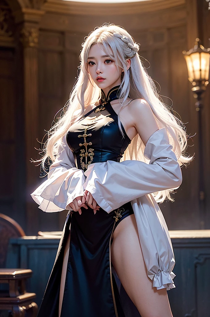 ((masterpiece:1.5,Highest quality,Highly detailed images,Beautiful images、Realistic、Photorealistic、2.5D))(1girl, 独奏)(medium breasts, white hair, black eyes, Healthy legs、Tight ass、Beautiful cleavage)(Fantasy dresses、Fantasy Clothes、Battle Dress from Another World、Deep slit)(wind, floating hair)(Inside the castle、Audience Chamber）
