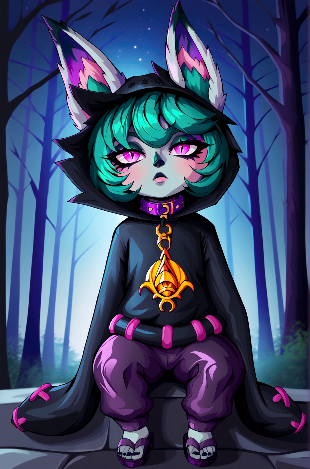 masterpiece,(best quality,top quality,8k),ultra detailed,painting,detailed eyes and face,(1girl),VexLoLXL, yordle, shortstack, pink eyes, green hair, bangs, short hair, grey skin, colored skin, black hood, hood up, ears through headwear, white animal ears, black shirt, purple collar, golden ornament, long sleeves, sleeves past wrists, purple pants, sandals,sitting, looking at viewer, forest,night