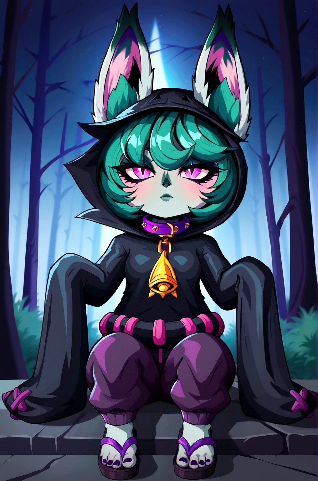 masterpiece,(best quality,top quality,8k),ultra detailed,painting,detailed eyes and face,(1girl),VexLoLXL, yordle, shortstack, pink eyes, green hair, bangs, short hair, grey skin, colored skin, black hood, hood up, ears through headwear, white animal ears, black shirt, purple collar, golden ornament, long sleeves, sleeves past wrists, purple pants, sandals,sitting, looking at viewer, forest,night