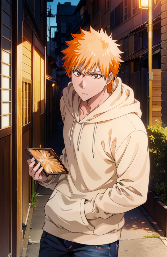 Ichigokurosaki, Ichigo Kurosaki, short hair, Orange Hair, Spiked Hair, (Brown eyes:1.5),
Oversized black hoodie,jeans,White sneakers,Walking,whole bodyがイラストに入るように,Daytime,Cold Sky, He has his hands in his hoodie pockets.,
break looking at viewer, whole body,
break outdoors, Building district,
break (masterpiece:1.2), Highest quality, High resolution, unity 8k wallpaper, (figure:0.8), (Beautiful attention to detail:1.6), Highly detailed face, Perfect lighting, Highly detailed CG, (Perfect hands, Perfect Anatomy),