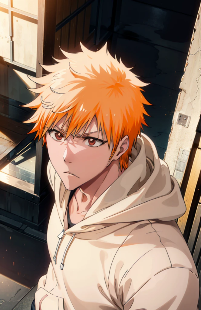Ichigokurosaki, Ichigo Kurosaki, short hair, Orange Hair, Spiked Hair, (Brown eyes:1.5),
Oversized black hoodie,jeans,White sneakers,Walking,whole bodyがイラストに入るように,Daytime,Cold Sky, He has his hands in his hoodie pockets.,
break looking at viewer, whole body,
break outdoors, Building district,
break (masterpiece:1.2), Highest quality, High resolution, unity 8k wallpaper, (figure:0.8), (Beautiful attention to detail:1.6), Highly detailed face, Perfect lighting, Highly detailed CG, (Perfect hands, Perfect Anatomy),