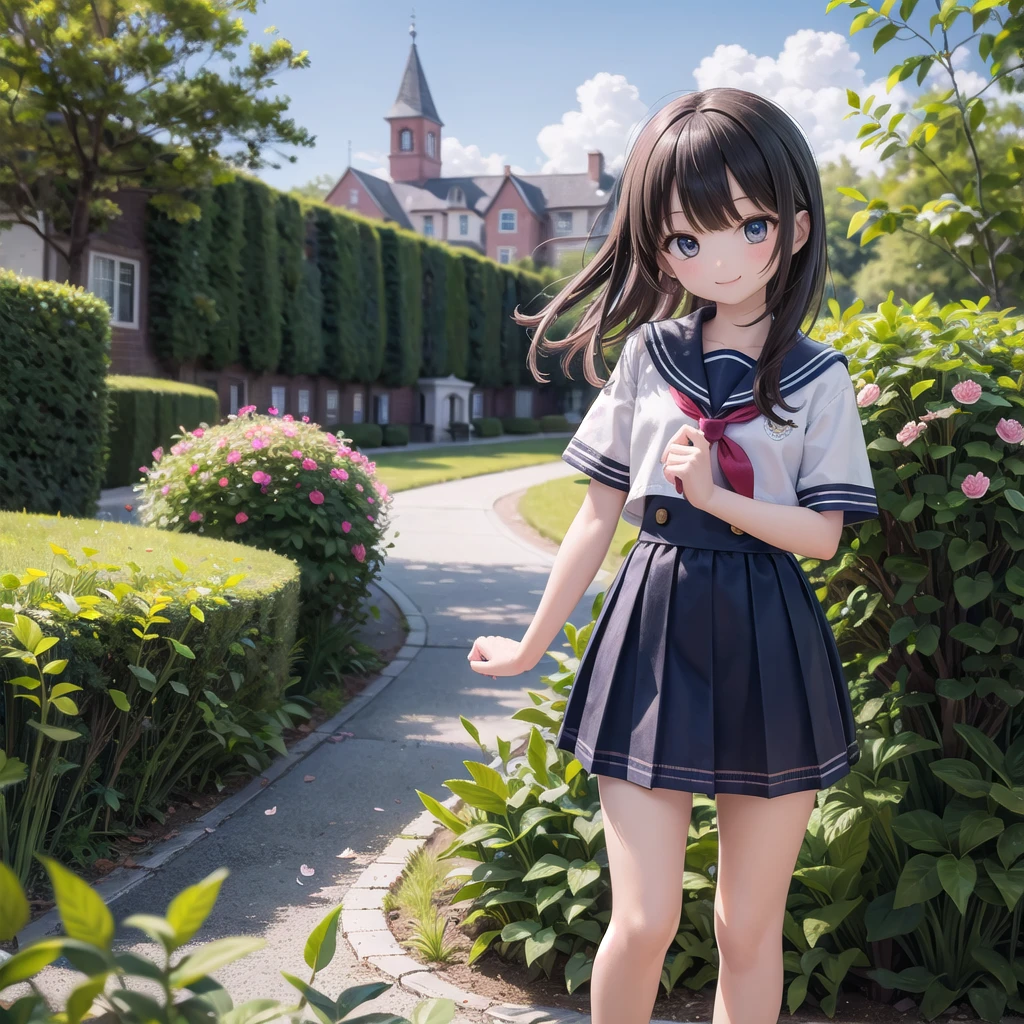 (masterpiece),  town,  blue sky,  One girl,  smile,  alone,  Sailor suit,  Overgrown,  petal,  plant