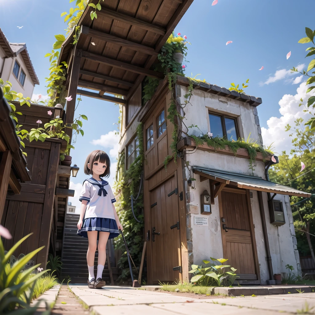 (masterpiece), town, blue sky, One Girl, smile, alone, Sailor suit、Long skirt, Overgrown, petal, plant、Skirt lining、Translucent slip、Nostalgic
