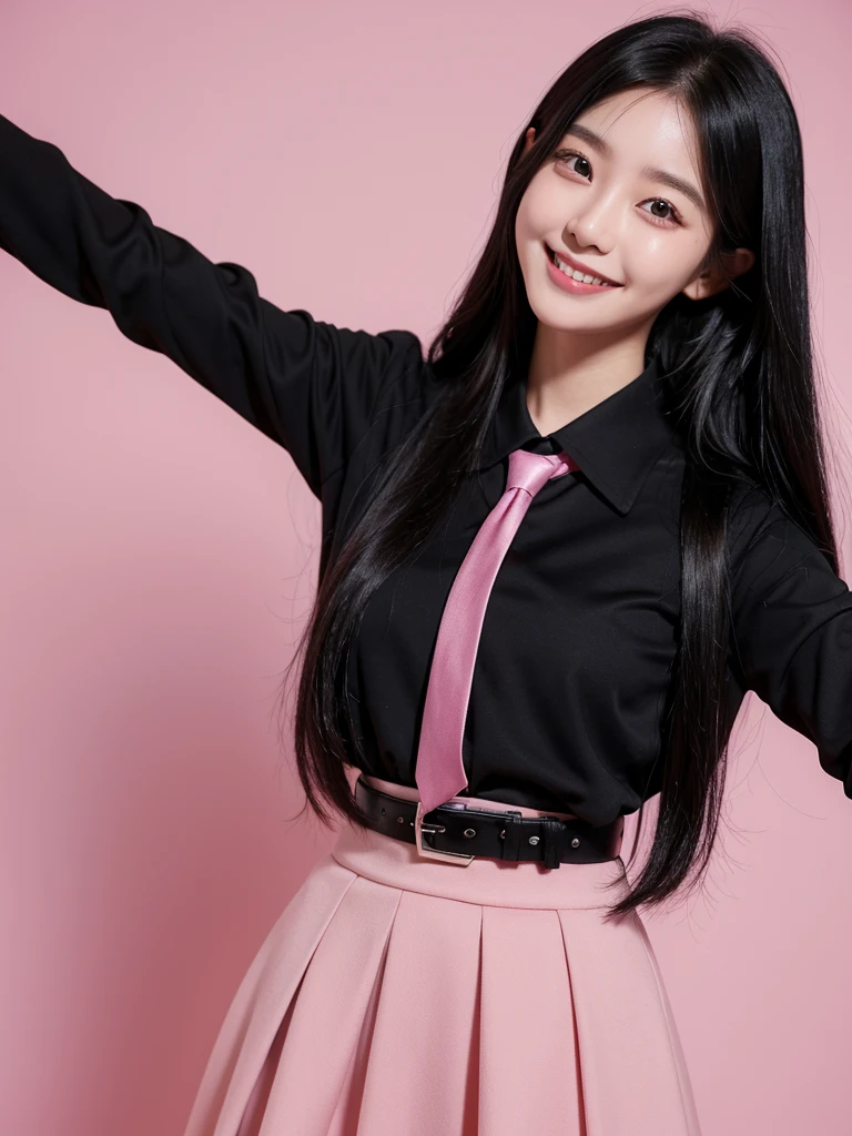 1girl,korean girl, black long hair,black shirt with collars, long sleeve, black skirt, tie, belt, standing, smile,deep pink background