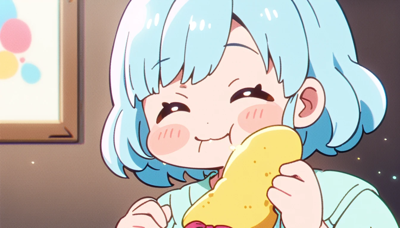 1 female, Light blue hair, short hair、Happy,cute, animation style, kawaii, clearly, bubblegum pop, cute、Pink and light blue as main colors、eating omelet rice、Anime Style、