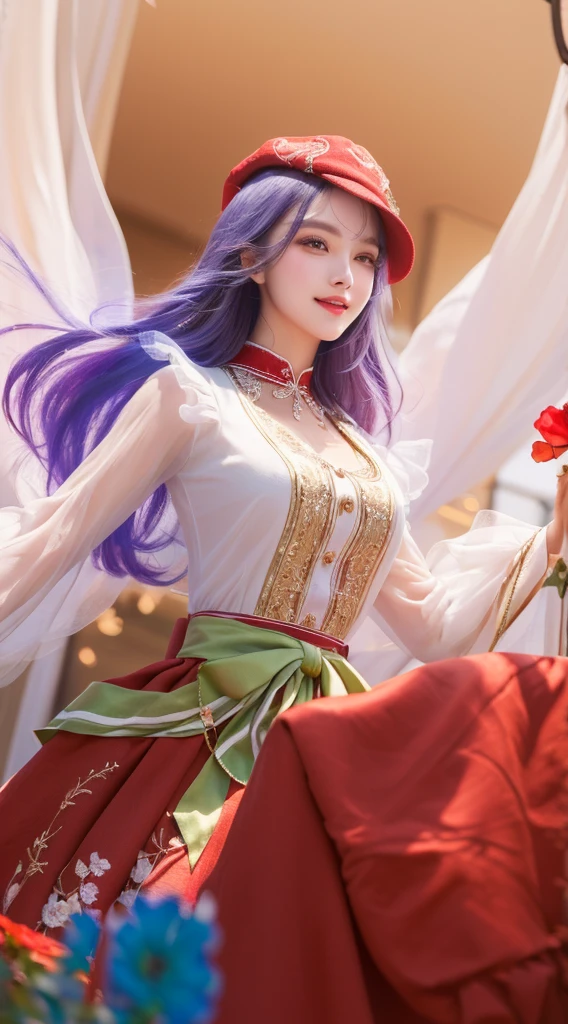 A woman in a red and white dress, red hat, beautiful detailed eyes, beautiful detailed lips, extremely detailed face, smile, long eyelashes, elegant pose, standing in a lush garden, vibrant colors, cinematic lighting, highly detailed, 4k, photorealistic, masterpiece