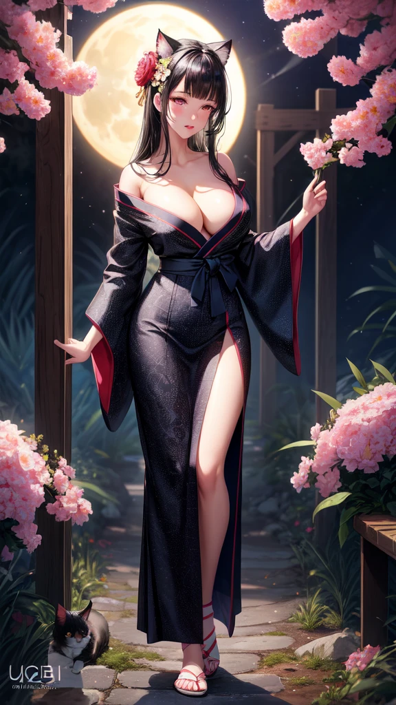 realistic, 1girl, full body, black hair, glowing eyes, cat ear, unbuttoned flower yukata, parted lips, big breast, blush, night, flowers, moonlight, hyper-detailed, high quality, 8k, photorealistic, professional digital painting, dramatic lighting, vibrant colors, intricate details, naughty pose, serene atmosphere, natural environment, ethereal, dreamy