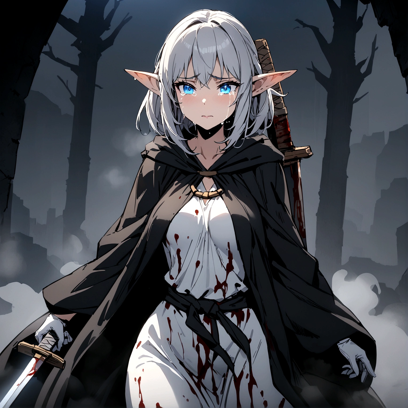 High quality, 4k, hd, grey hair, female, holding a gun with rounds, glowing blue eyes, black monk robe outfit, masterpiece, grim background, 1 girl, blood drenched clothes, sword on her back, steam coming out of eyes, elf ears, in hell background, all white gloves, crying blood