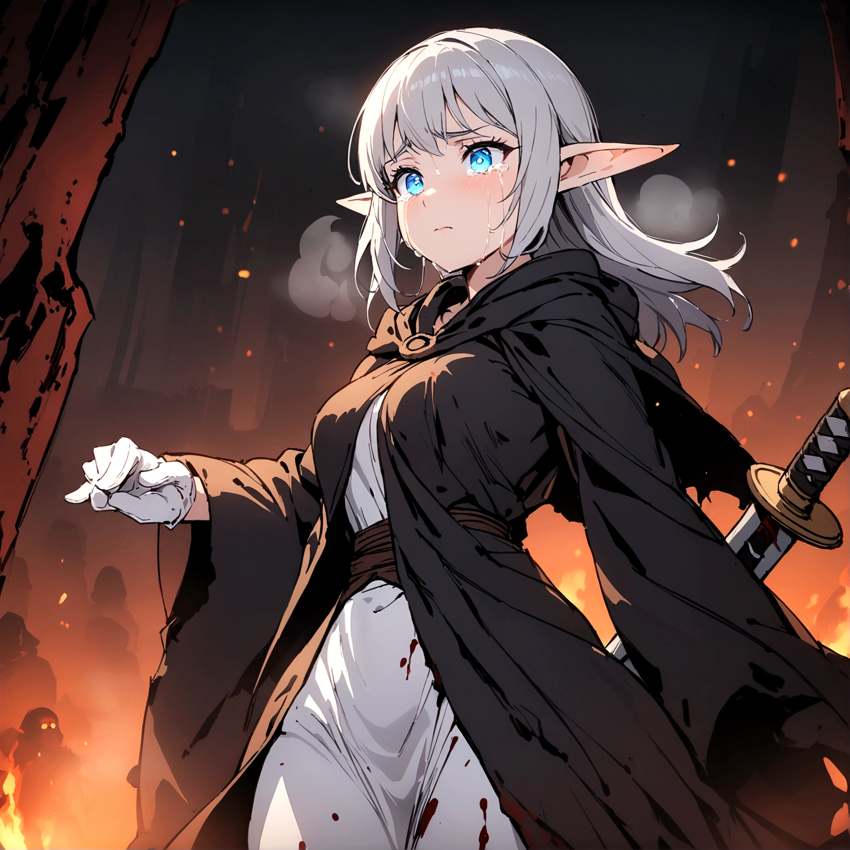 High quality, 4k, hd, grey hair, female, holding a gun with rounds, glowing blue eyes, black monk robe outfit, masterpiece, grim background, 1 girl, blood drenched clothes, sword on her back, steam coming out of eyes, elf ears, in hell background, all white gloves, crying blood