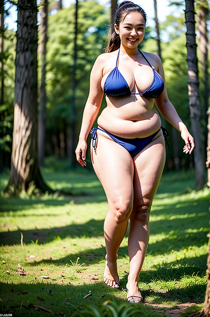 (Thai woman),(((bikini))),((( plus-size woman,curvy waist,overweight,masterbate herself))),(highponytail),(forehead),(smile:1.5),(inside the forest in the background:1.3), (playing her tits),(in the morning light),(hyperrealistic),(funny),(full body shot),running