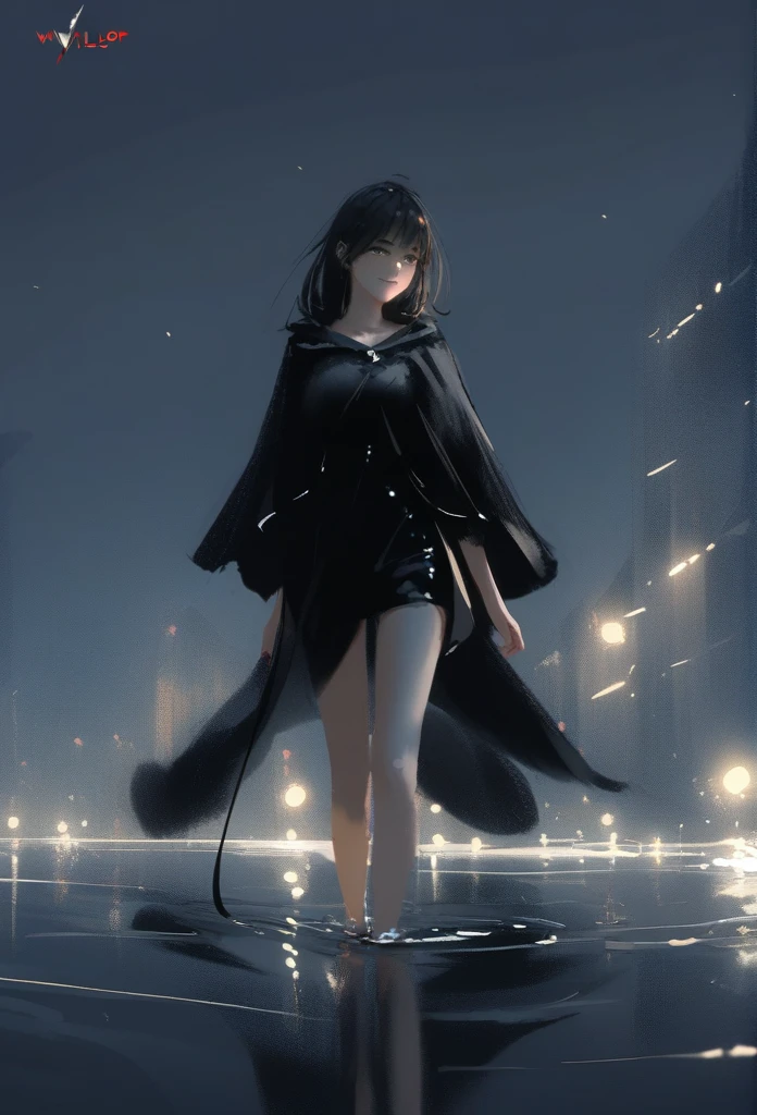 1girl, solo, wlop,
Long black hair, pale skin, green eyes, black cloak, subductive smile
Background; walking on water, nighttime, complete darkness 
Masterpiece, best quality 