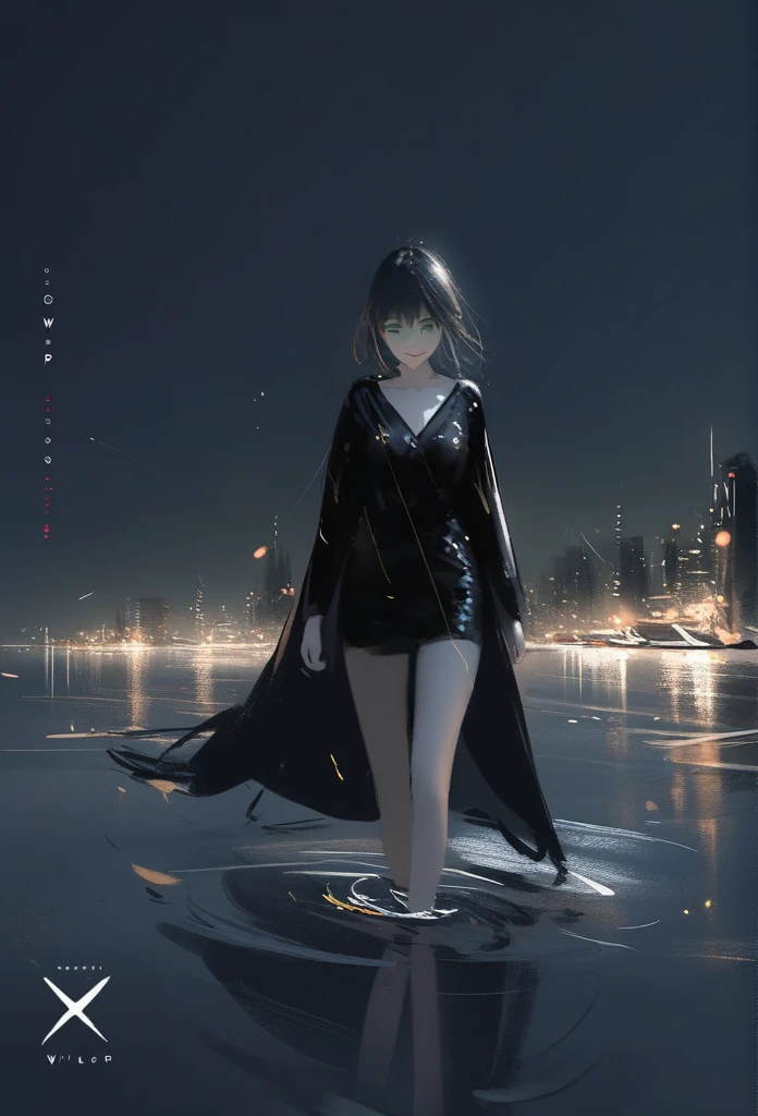 1girl, solo, wlop,
Long black hair, pale skin, green eyes, black cloak, subductive smile
Background; walking on water, nighttime, complete darkness
Masterpiece, best quality