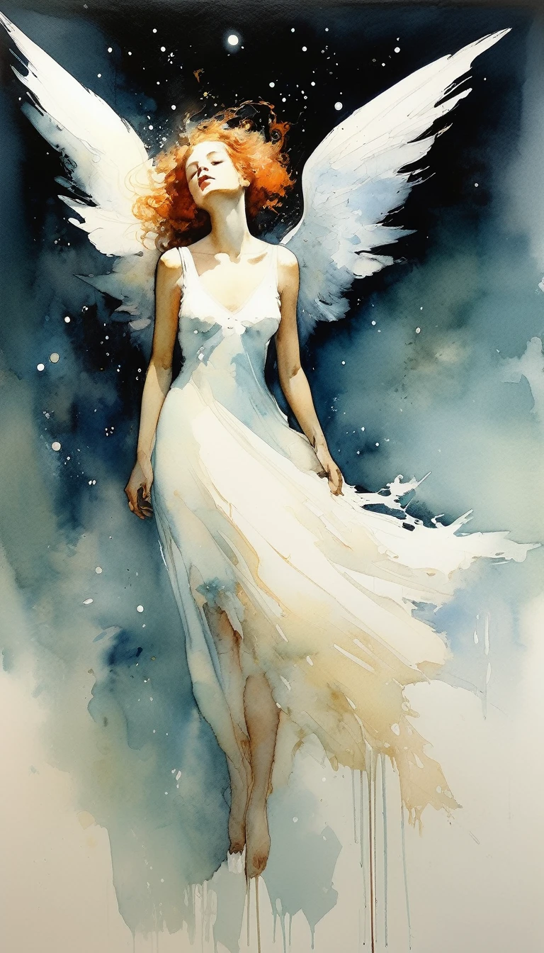 Watercolor,Angel  laughing, Magical fairy tale,, Deep space sky, style (Jeremy Mann, Louis Icart, Valentin Serov, makoto kobayashi, Karol Buck) 